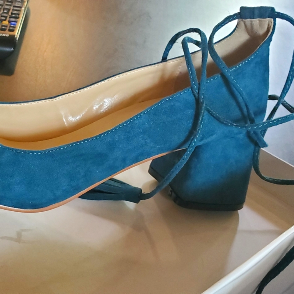 TB Dress, block heal, tie ankle, size 8.5, dark teal, blue green, low heel